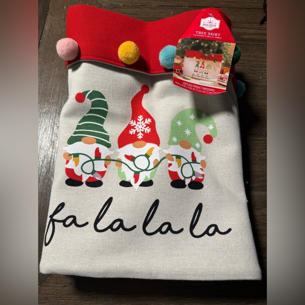 Holiday Time Red, White, Green  Tree Skirt with Gnome Design